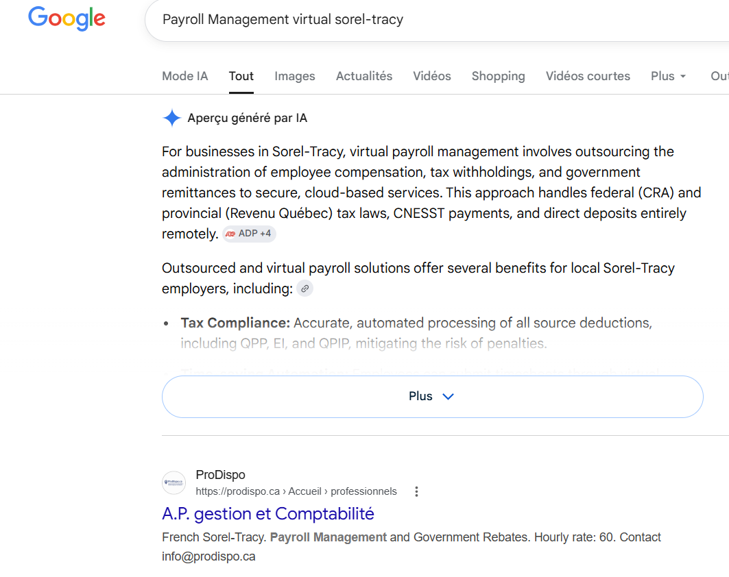 ProDispo profile appearing on the first page of Google for the search Payroll Management virtual Sorel-Tracy